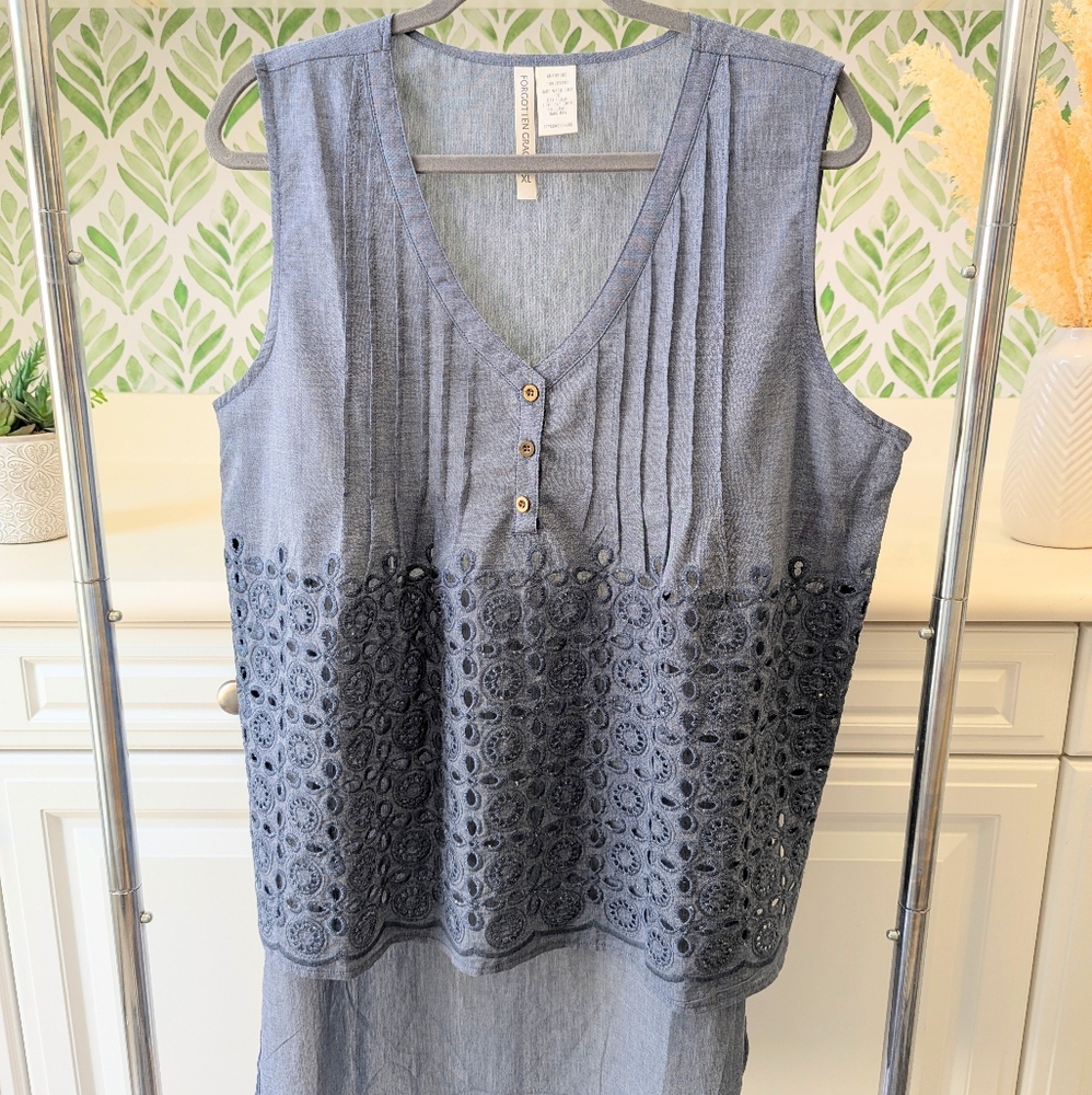 Forgotten Grace Hi Low Chambray Sleeveless Tank Top XL Crochet Eyelet Details